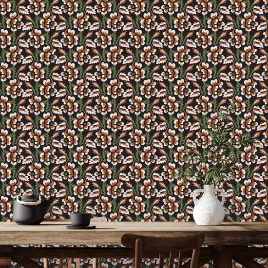 Épine et fleur Papier peint floral Onyx Persimmon