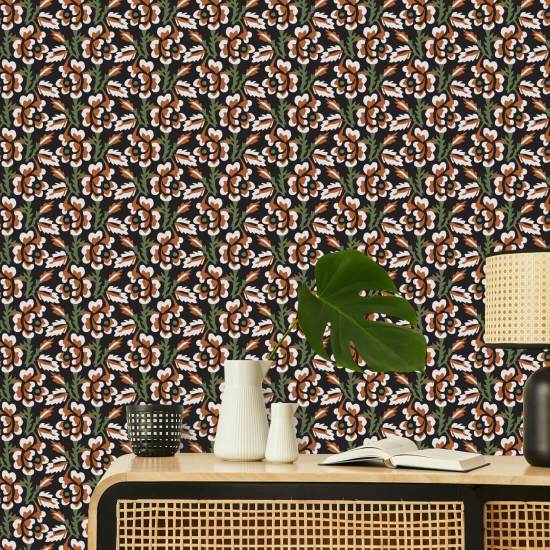 Espinho e flor Papel de parede floral Onyx Persimmon