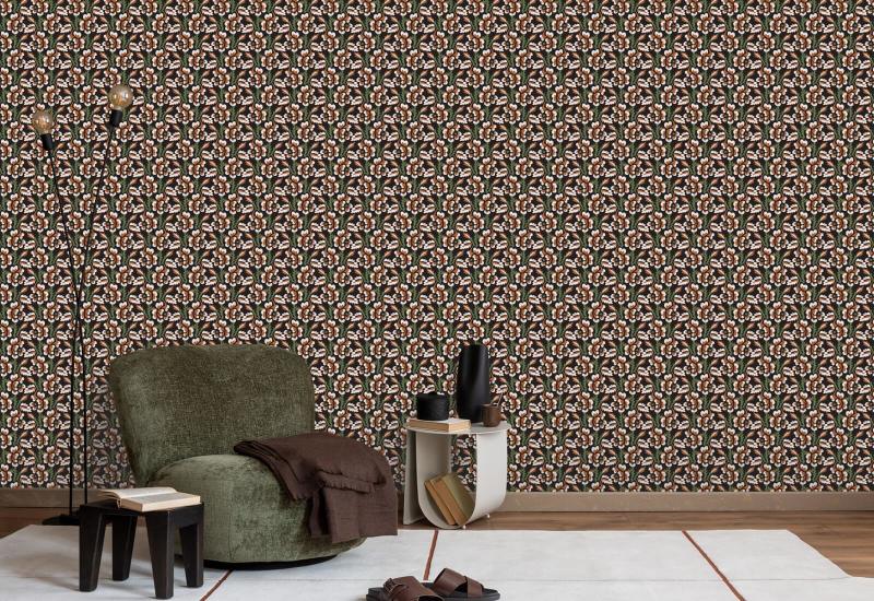 Espinho e flor Papel de parede floral Onyx Persimmon