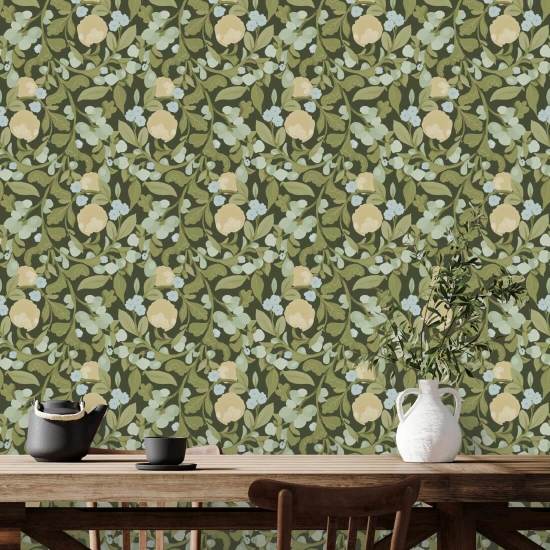 Budding Grove Deep Olive Floral Wallpaper