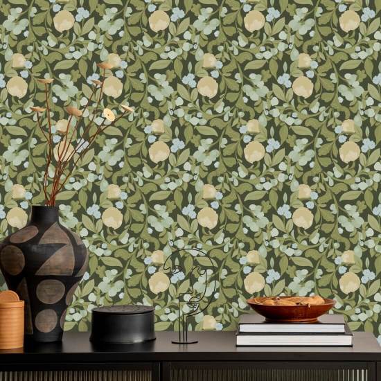 Budding Grove Deep Olive Floral Wallpaper