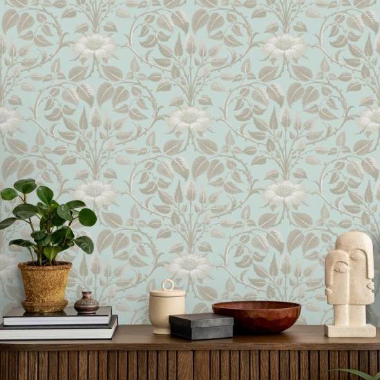 Garden Vine Alabaster Blue Botanical Wallpaper