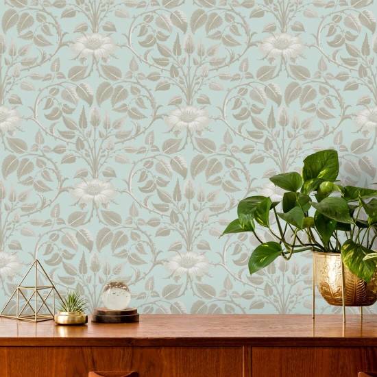 Garden Vine Alabaster Blue Botanical Wallpaper