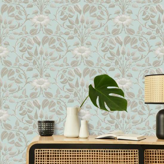 Garden Vine Alabaster Blue Botanical Wallpaper