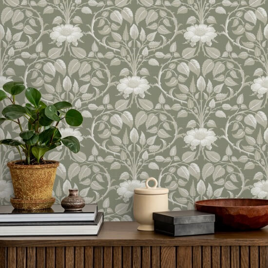 Garden Vine Silver Moss Botanical Wallpaper