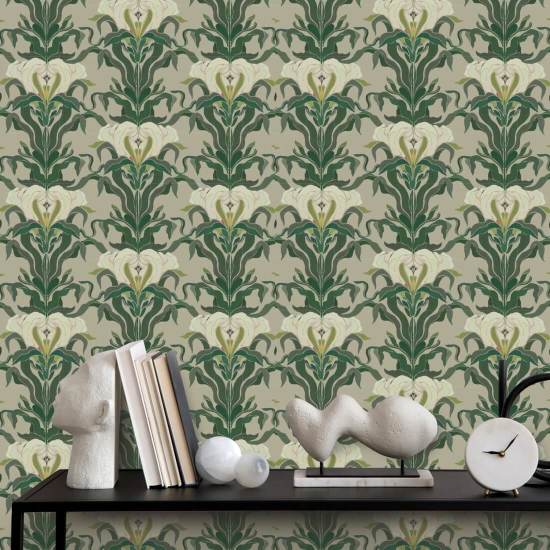 Spiegelende bloem Leaf & Linen botanisch behang
