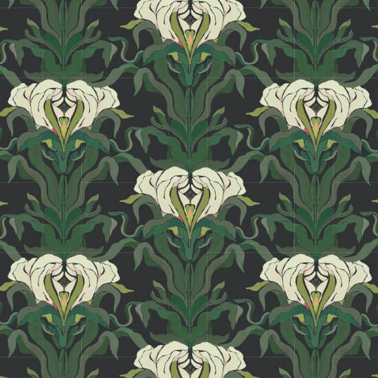 Fiore specchiato Carta da parati botanica con foglie ombreggiate