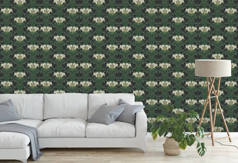 Fiore specchiato Carta da parati botanica con foglie ombreggiate