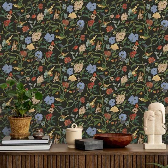 Toppa con fiori dipinti Carta da parati botanica Midnight Bloom