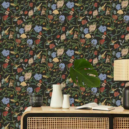 Patch fleuri peint Papier peint botanique Midnight Bloom