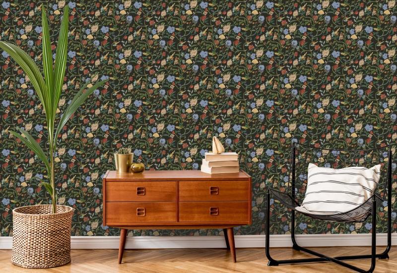 Patch fleuri peint Papier peint botanique Midnight Bloom