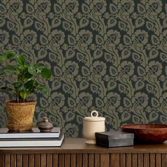 Paisley Briar Sort guld botanisk tapet