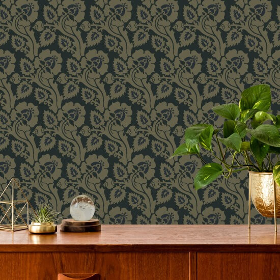Paisley Briar Svart guld botanisk tapet