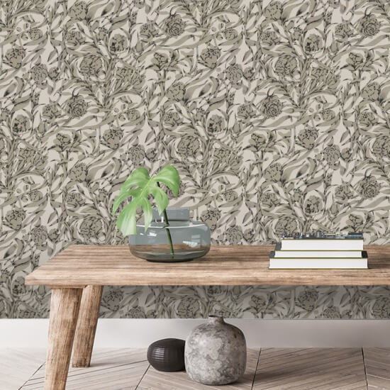 Wandervine Newsprint Beige Botanical Wallpaper