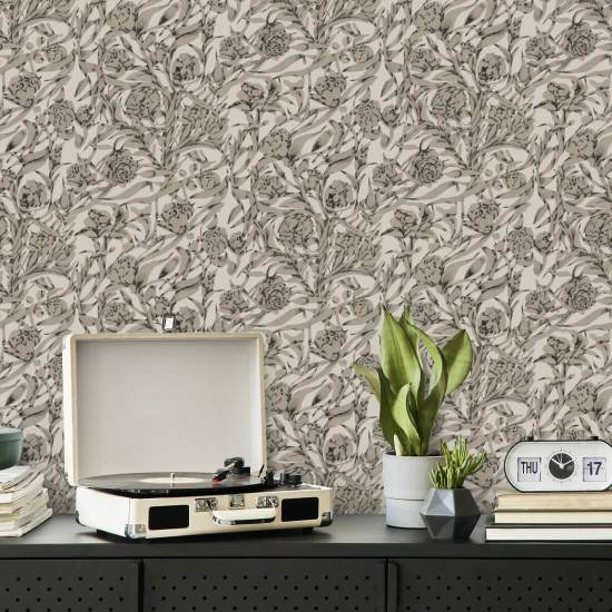 Wandervine Newsprint Beige Botanical Wallpaper