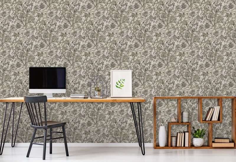 Wandervine Newsprint Beige Botanical Wallpaper