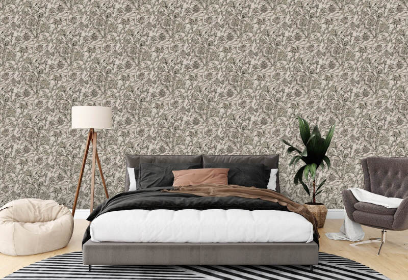 Wandervine Newsprint Beige Botanical Wallpaper