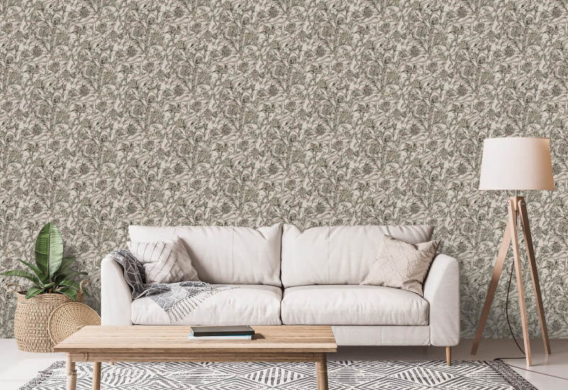 Wandervine Newsprint Beige Botanical Wallpaper