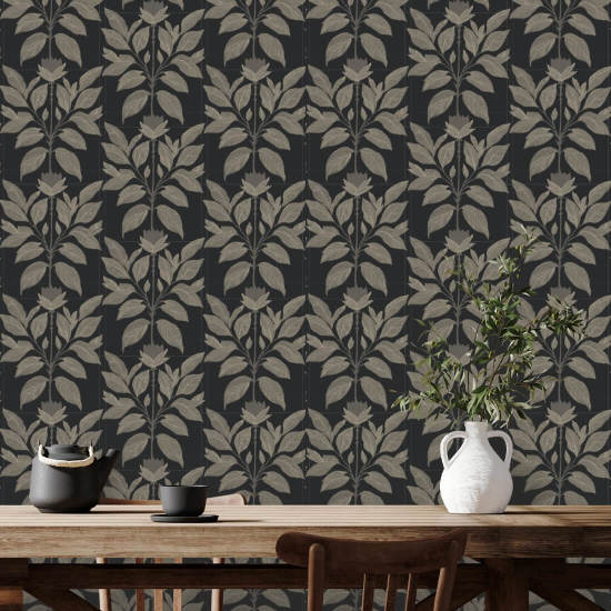 Pétalo descarriado Papel pintado floral negro con chimenea