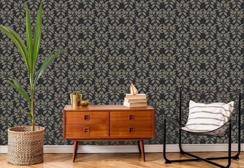 Eigenzinnig bloemblad Chimney zwart bloemenbehang