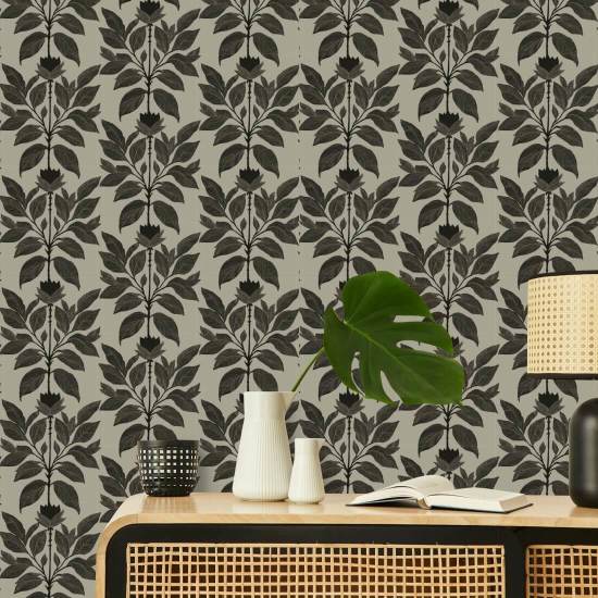 Eigenzinnig bloemblad Driftwood taupe bloemenbehang
