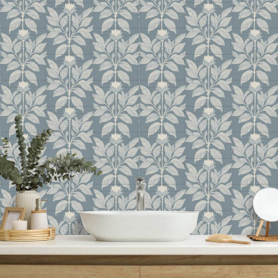 Pétalo descarriado Papel pintado floral azul lacado