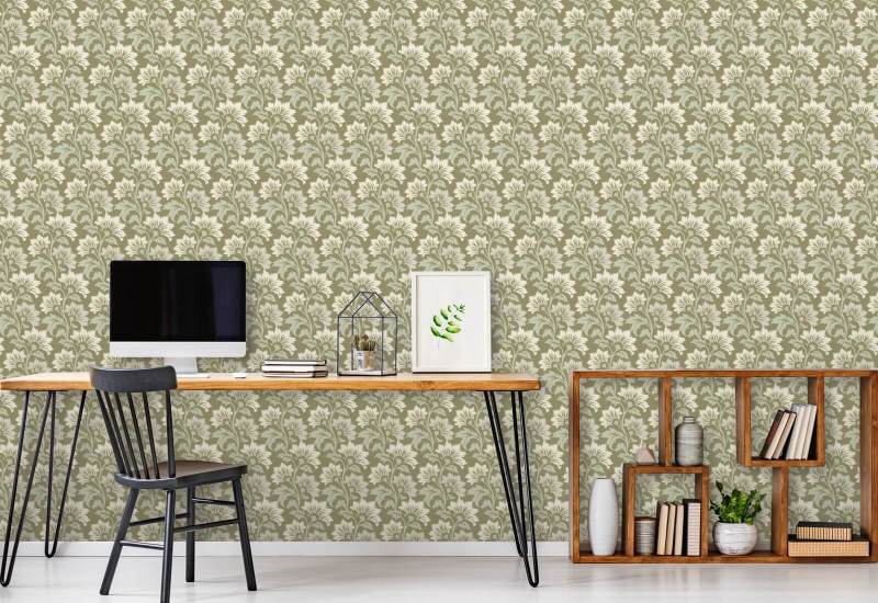 Wilde bloem Olijfbeige botanisch behang