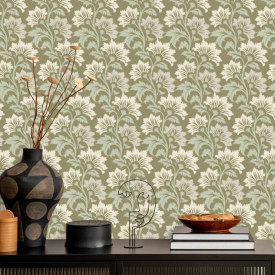 Vildblomst Olivenbeige botanisk tapet