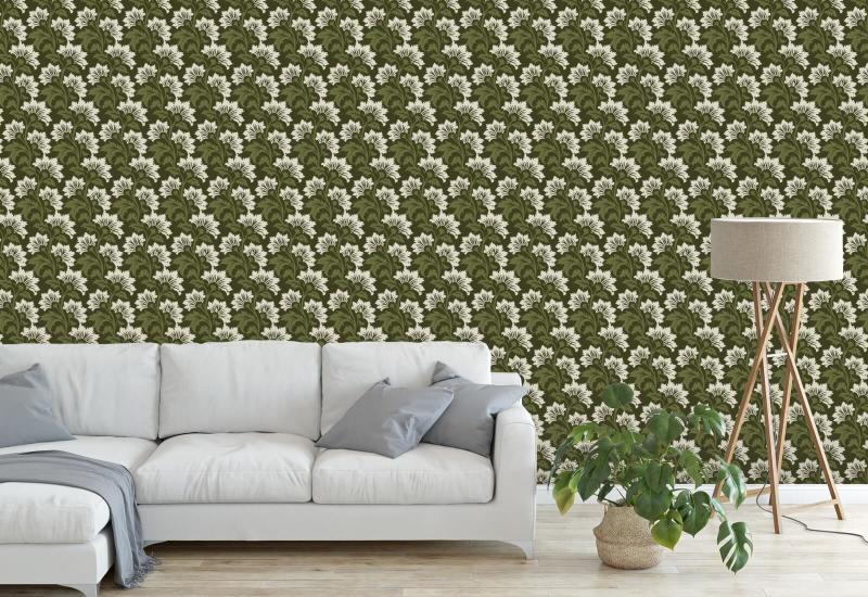Wilde bloem Olive ivoor botanisch behang