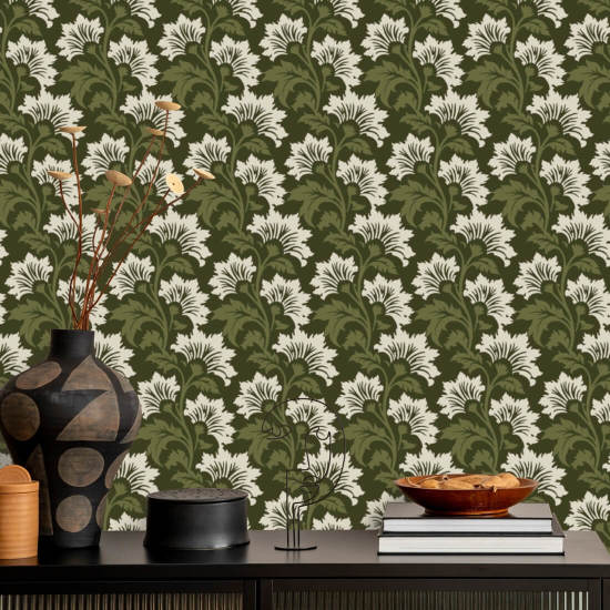 Fleur sauvage Papier peint botanique Olive Ivory