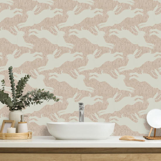 Hopping Hares Blush Grass Wallpaper