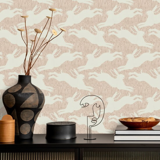 Hopping Hares Blush Grass Wallpaper