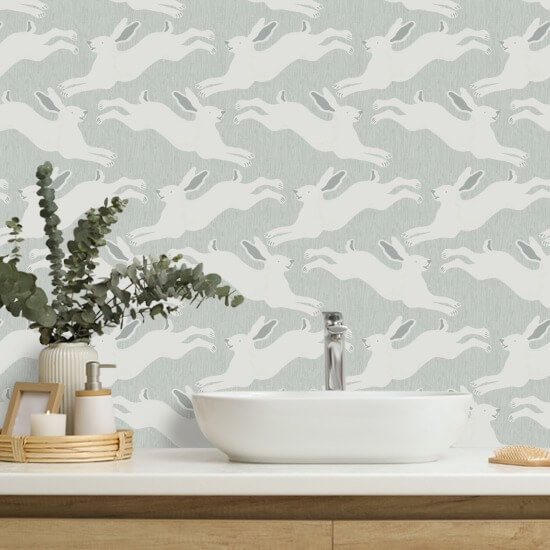 Hopping Hares Mist Blue Wallpaper