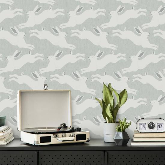 Hoppende hazen Mist Blue Wallpaper