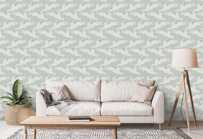 Lièvres sautillants Papier peint Mist Blue