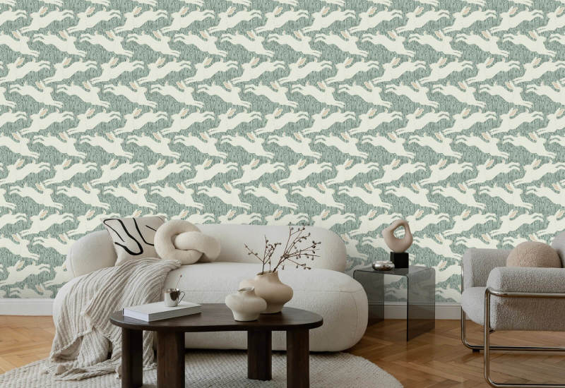 Hopping Hares Silver Thicket Wallpaper