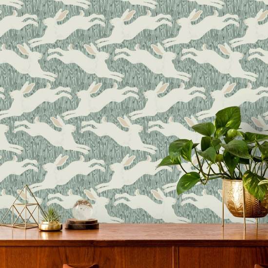 Hopping Hares Silver Thicket Wallpaper