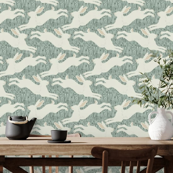 Hopping Hares Silver Thicket Wallpaper