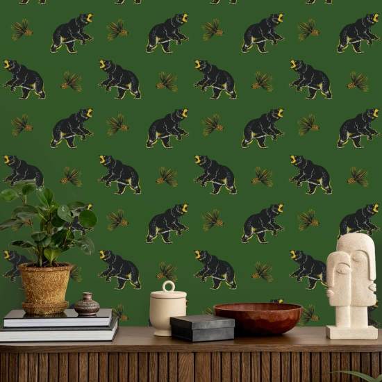 Roaming Black Bear Prep Forest Green Wallpaper