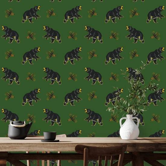 Roaming Black Bear Prep Forest Green Wallpaper