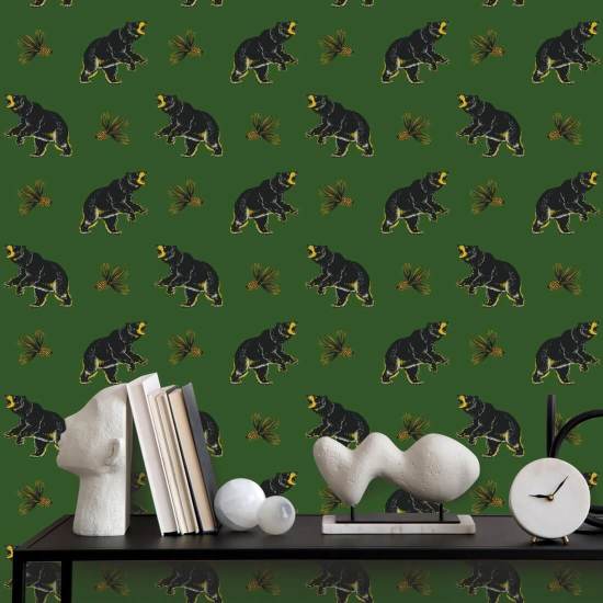 Roaming Black Bear Prep Forest Green Wallpaper