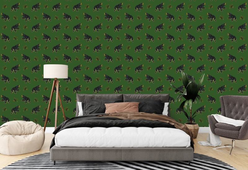 Roaming Black Bear Prep Forest Green Wallpaper