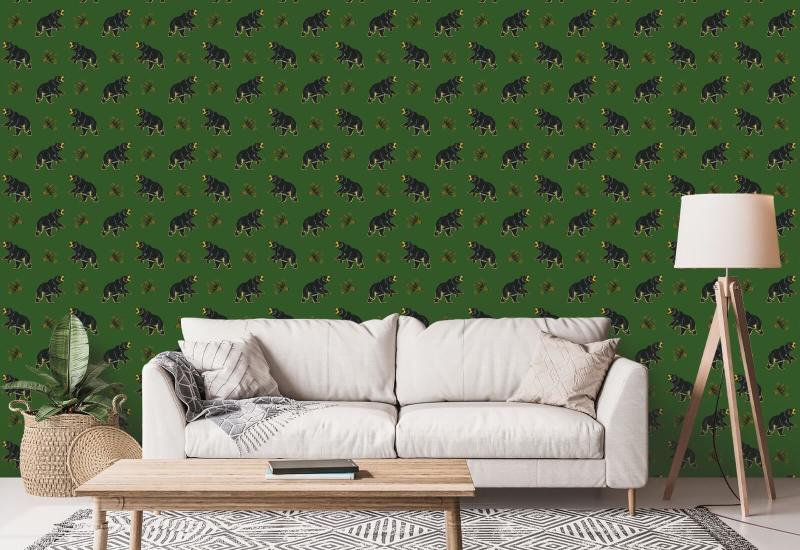 Urso preto vagando Papel de parede Prep Forest Green