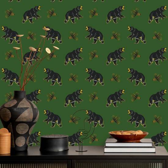 Urso preto vagando Papel de parede Prep Forest Green