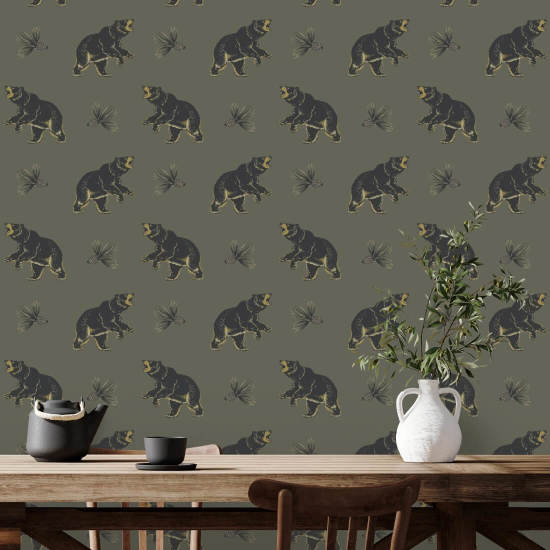 Zwervende zwarte beer Greenwood behang