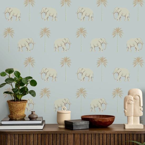 Strolling Elephant Blue Pearl Wallpaper