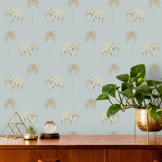 Strolling Elephant Blue Pearl Wallpaper