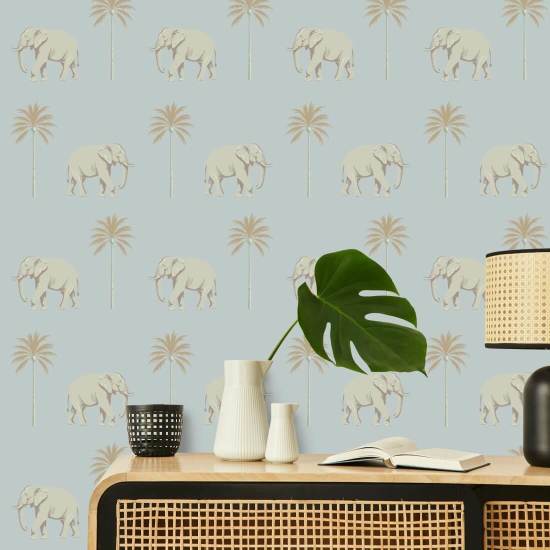 Strolling Elephant Blue Pearl Wallpaper