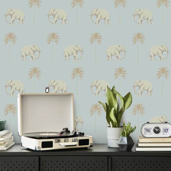 Strolling Elephant Blue Pearl Wallpaper