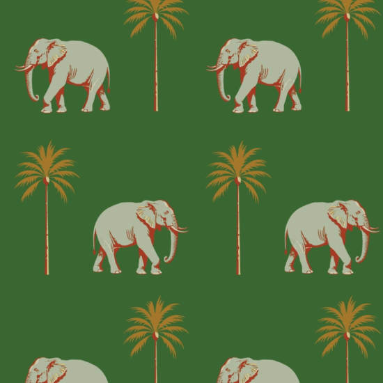 Strolling Elephant Emerald Green Wallpaper
